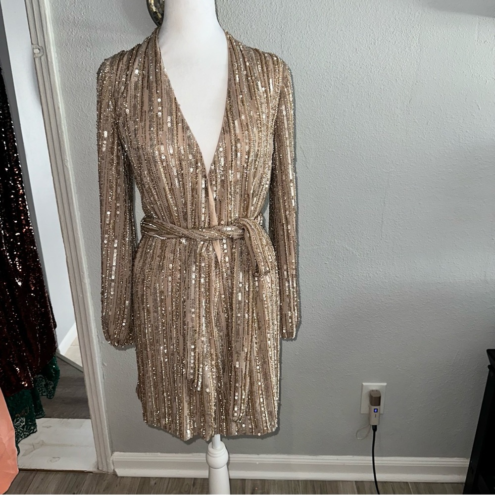 Mac Duggal Gold Pleated Mini Gown with Bishop Sleeves